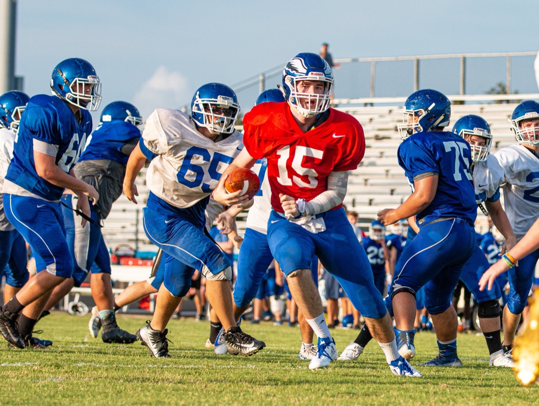 High school football practice — drills and live reps